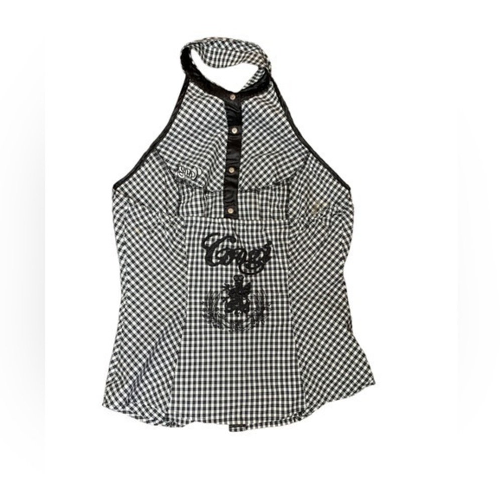 Coogi Checkered Halter Backless Button Down Size … - image 1